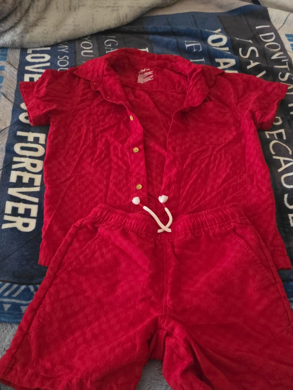 Cat & Jack Bright Red Short Sleeve Button-Up Shirt and Drawstring Shorts Set